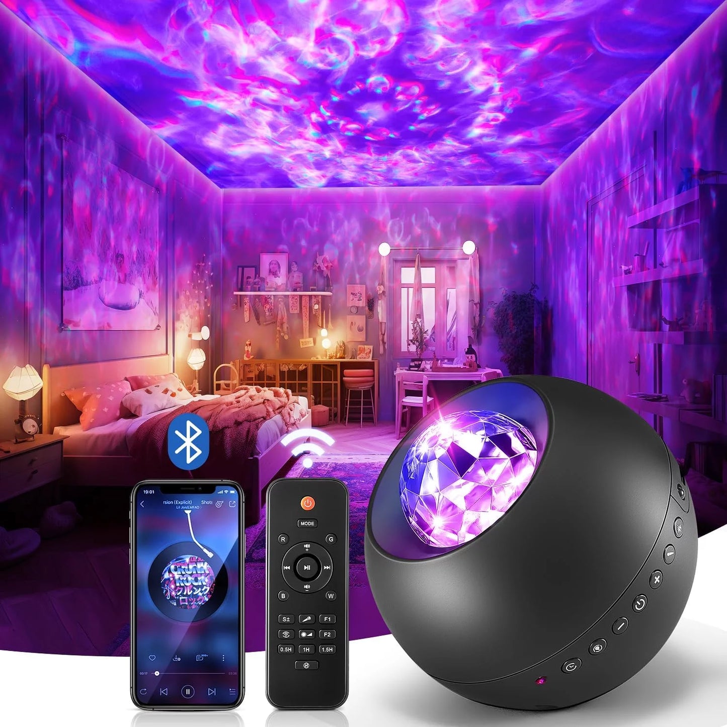 Galaxy Projector for Bedroom, White Noise Galaxy Light, Remote Timer Star Projector, Bluetooth Music Night Light Projector for Kids Teen Adult Bedroom Decor