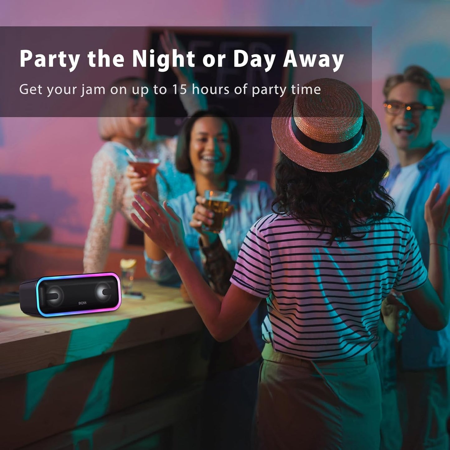 Bluetooth Speaker,  Soundbox Pro+ Wireless Pairing Speaker with 24W Stereo Sound, Punchy Bass, IPX6 Waterproof, 15Hrs Playtime, Multi-Colors Lights, for Home,Outdoor-Black